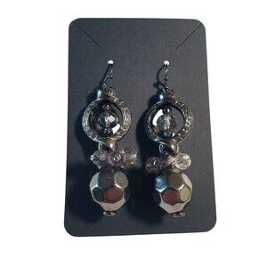 Vintage Dangle Earrings Crystal Accents Acrylic Beads Silver Finish Hook Formal
